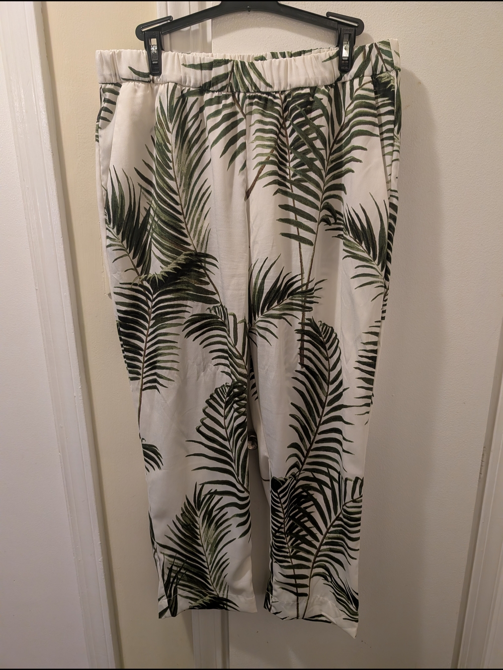 H&M Tropical Palm Print Wide-Leg Pants - White/Green